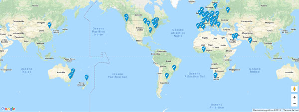 Lista da VSN de 58 sites, escritos em 16 idiomas, em 28 países